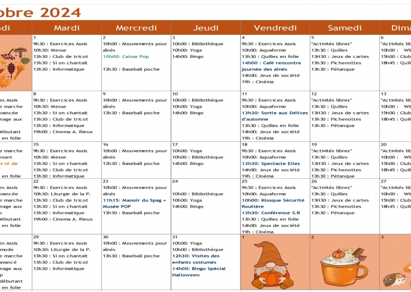 Activités du mois de d'octobre - Manoir Des Ormeaux