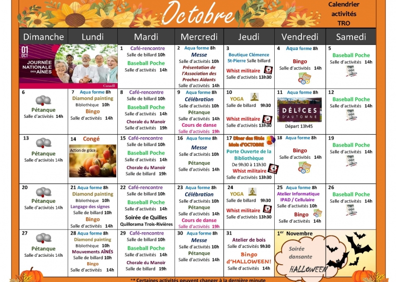 Activités mois d'octobre - Manoir Côte Richelieu